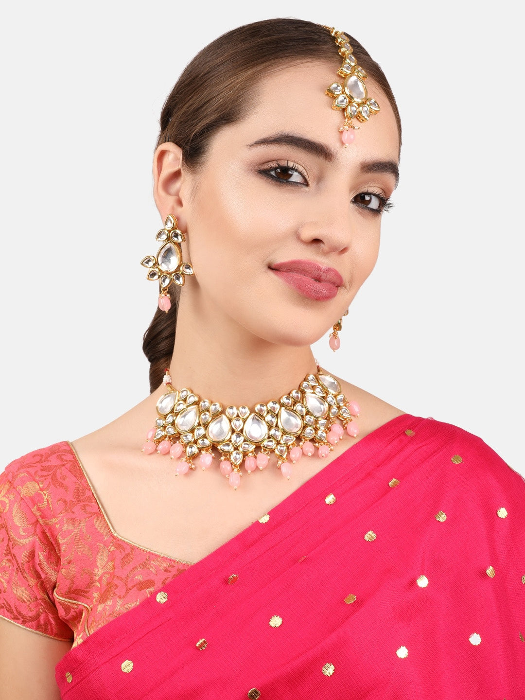 Dastoor Pink and Green Kundan-Studded Beaded Jewellery Set – DASTOOR