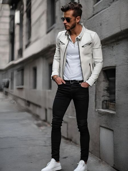 white leather jacket with white boots