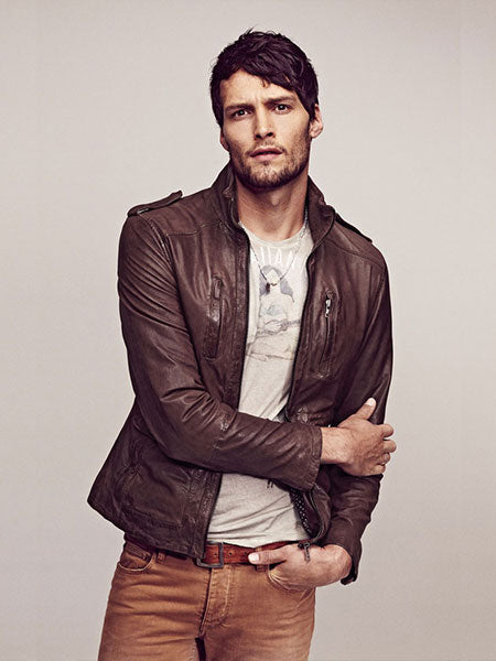 men-brown-leather-jacket-with-brown-jeans-and-white-tee-shirt
