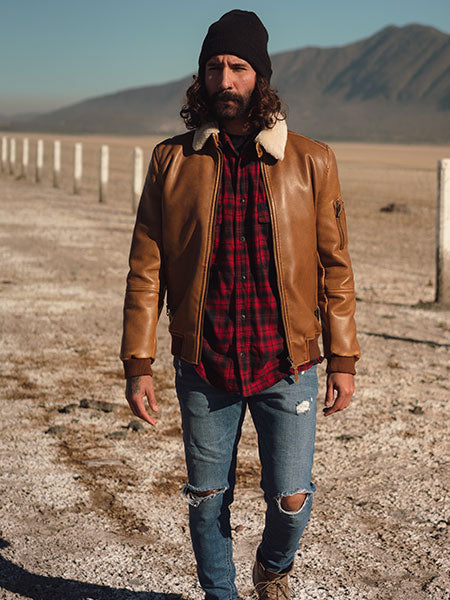 men-brown-fur-leather-jacket-with-ripped-jeans-and-checkered-shirt