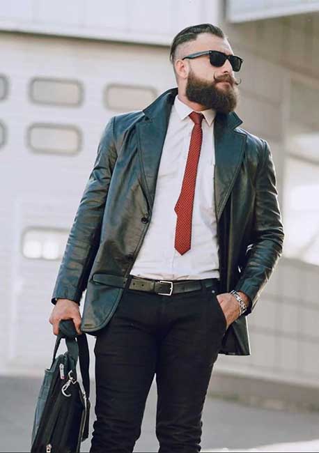 White blazer, red blouse, black polka dot pants