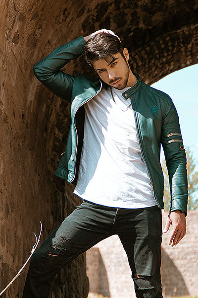 men-green-leather-jacket-with-grey-jeans-and-white-shirt