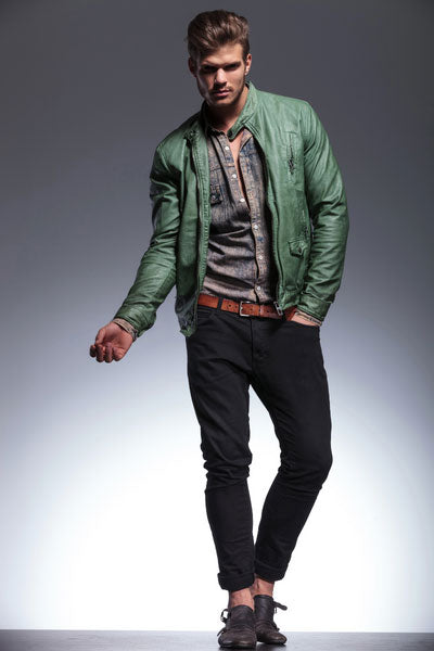 men-green-leather-jacket-with-black-jeans-and-buttoned-shirt