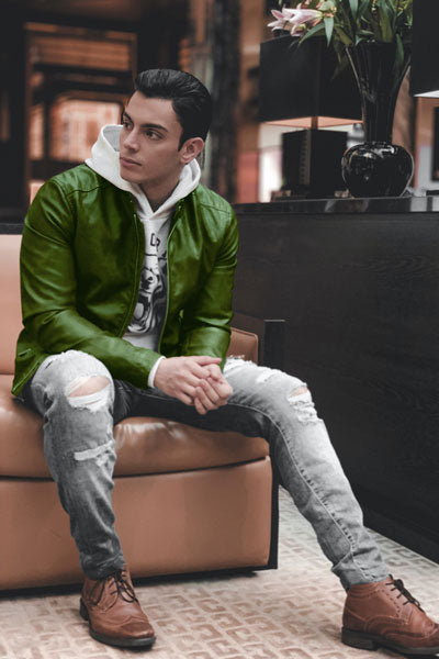 men-green-leather-jacket-with-grey-jeans-and-white-hoodie
