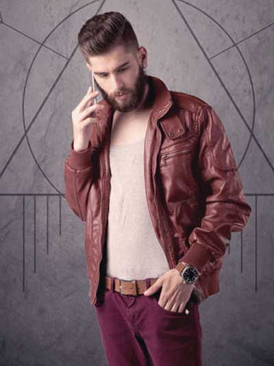 Men-burgundy-leather-jacket-with-matching-chinos-and-beige-shirt