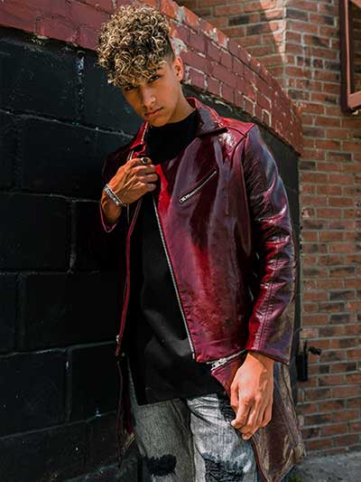 men-burgundy-leather-jacket-with-grey-pants-and-black-shirt