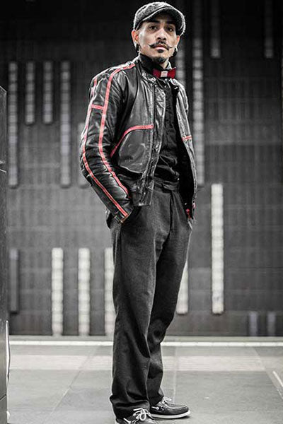 men-multi-color-leather-jacket-with-black-straight-pants-and-hat