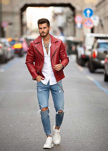 Red and White Stitching Button Up Denim Jacket