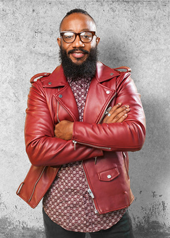 men-in-red-leather-motorcycle-jacket-with-red-and-golden-printed-shirt-with-jeans
