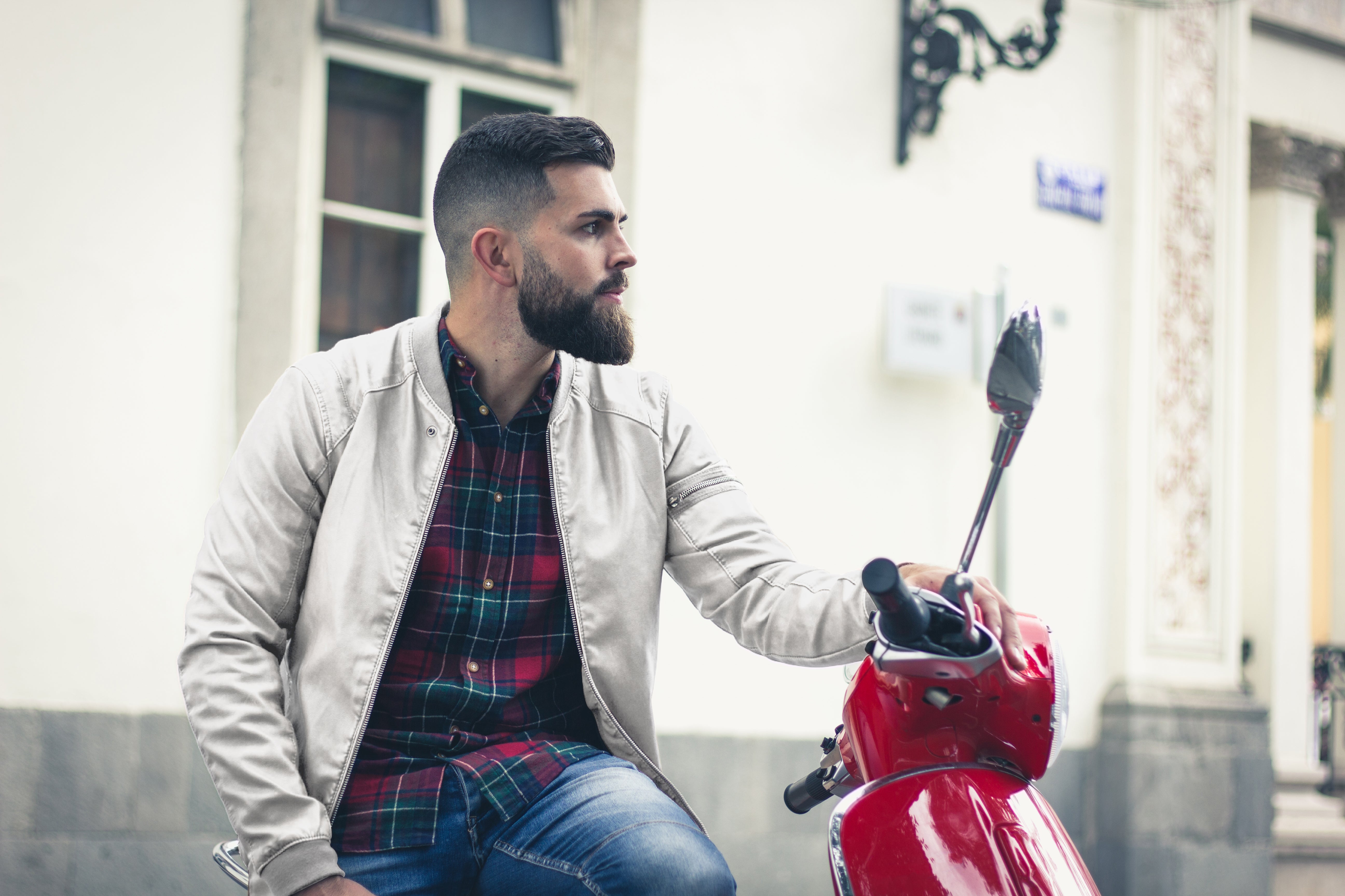 white leather jacket with checkered shirt