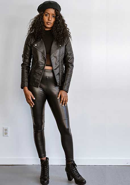 womens black padded leather jacket with leather pants and cropped top