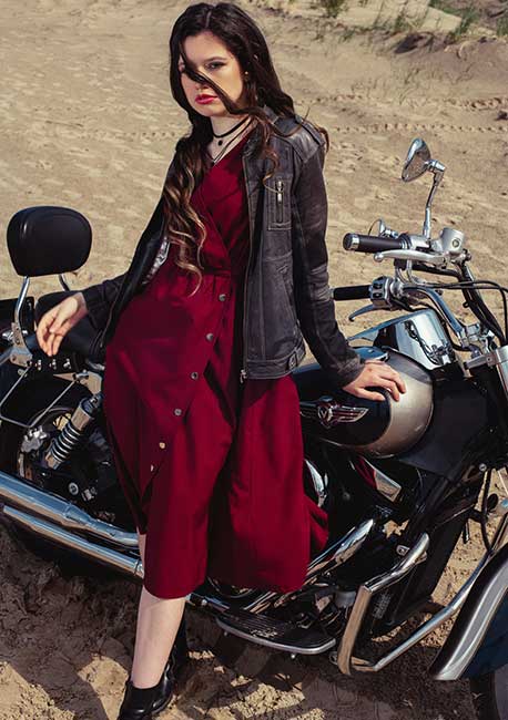 womens black leather jacket with red dress and ankle boots