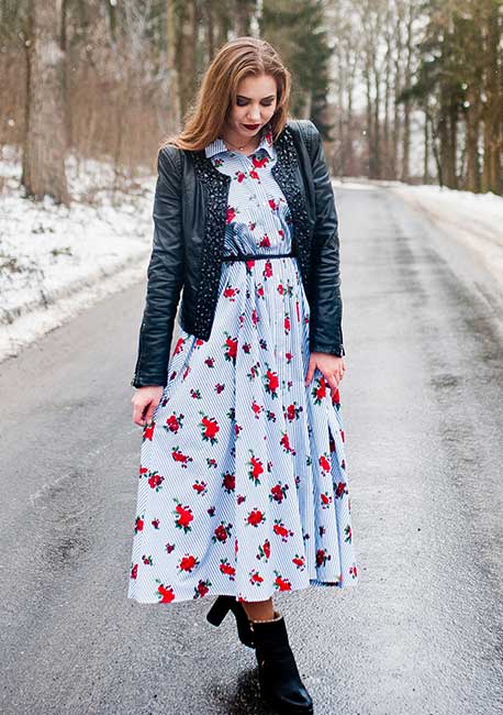 womens black embroidered leather jacket with floral dress