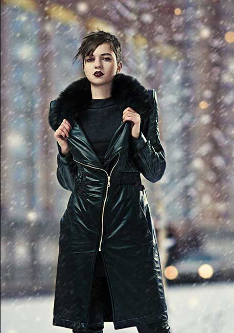 womens black fur long leather jacket with black sweatshirt