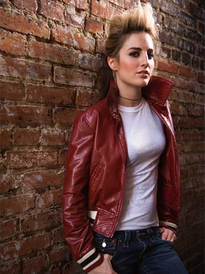 women-burgundy-leather-jacket-with-blue-jeans-and-white-tee-shirt