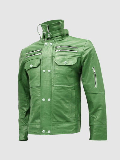 Men Green Slim Fit Leather Jacket, Real Leather Biker | RebelsMarket