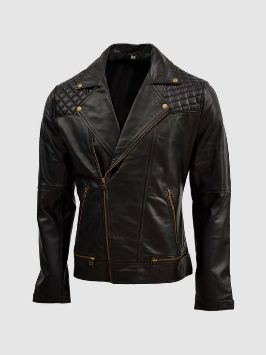 Men in Black Fashion Leather Jacket - Quilted Shoulders