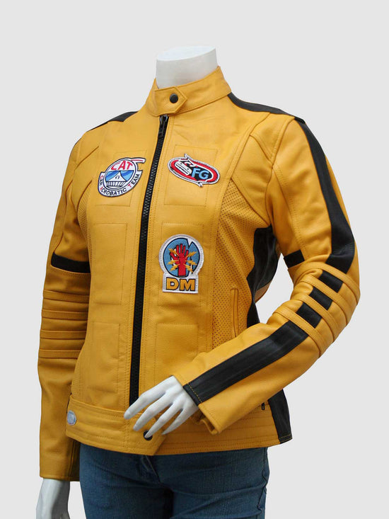 women yellow leather motorcycle jacket