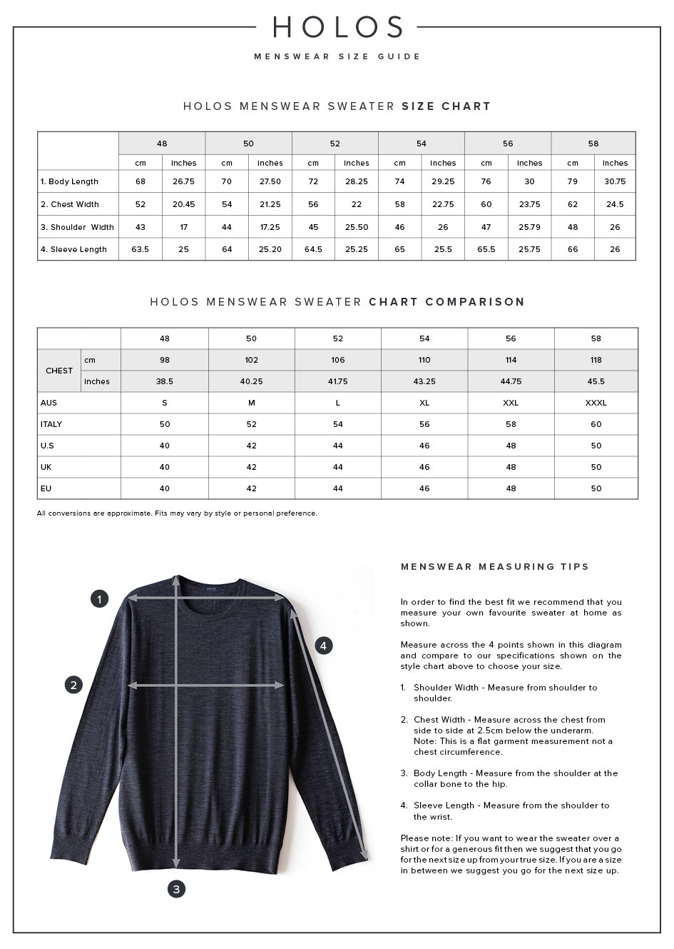 HOLOS Men's Sweater Size Guide