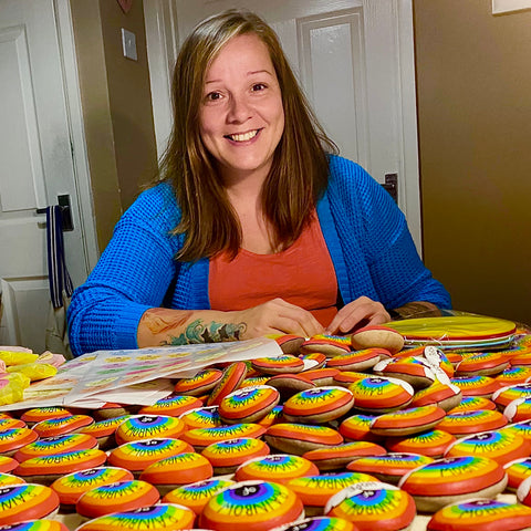 Sarah McFloof painting 400 Rainbow of Hope pebbles