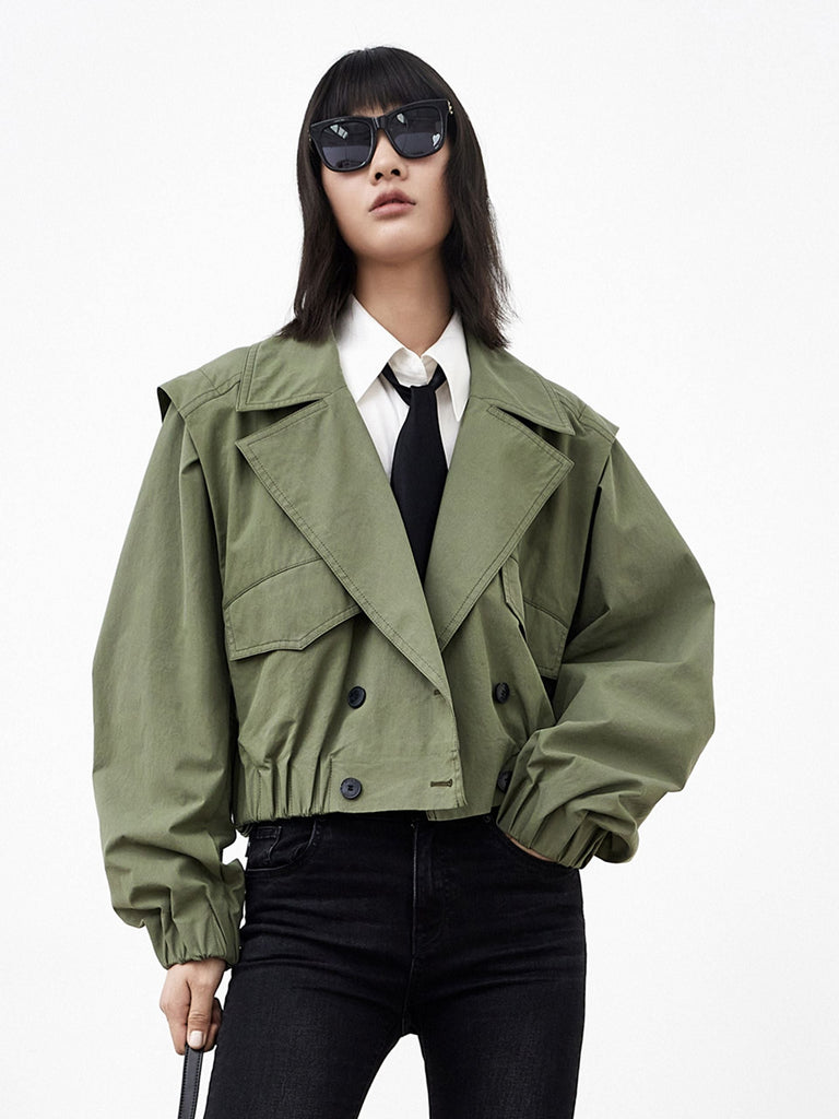 MO&Co. Women's Trench Style Cropped Jacket Cool Loose Lapel Green