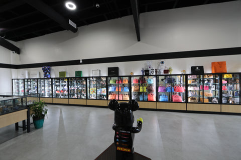 A shot of the inside of the luxury Max Pawn store located in Las Vegas, NV with a wall of Hermès bags