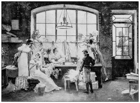 A black and white drawing of four women and one man making clothing.