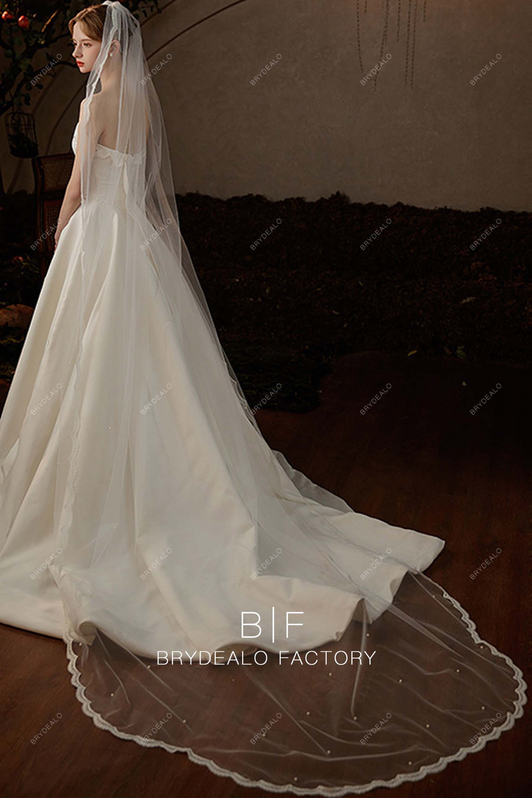 Champaign Bridal Veil 2 Tier Floor/Chapel Satin Edge Pearls 28/78 UK