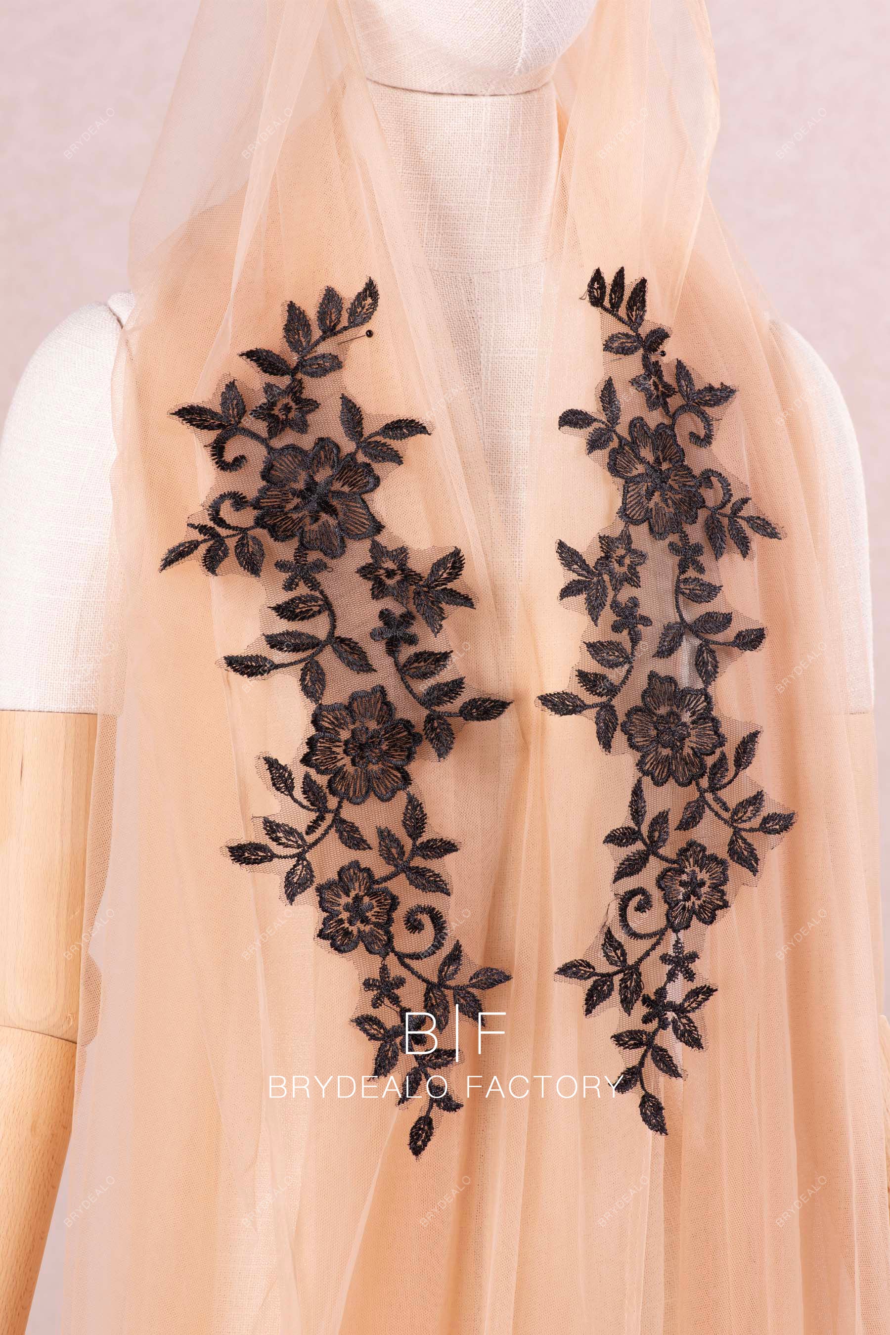 Pair of Black Flower Lace Appliques