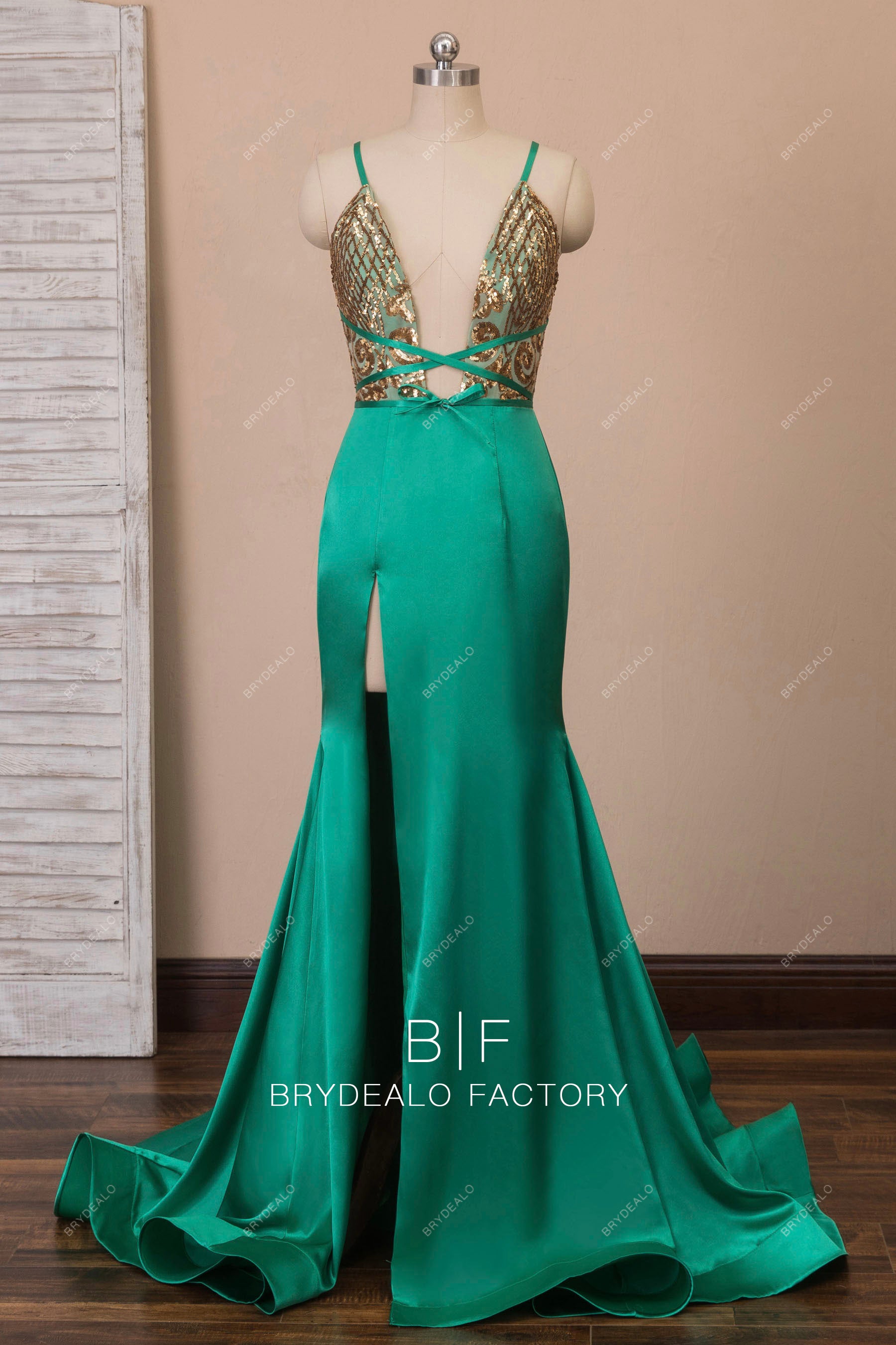 Off Shoulder Emerald Green Satin Long Prom Dresses with High Slit, Off –  morievent