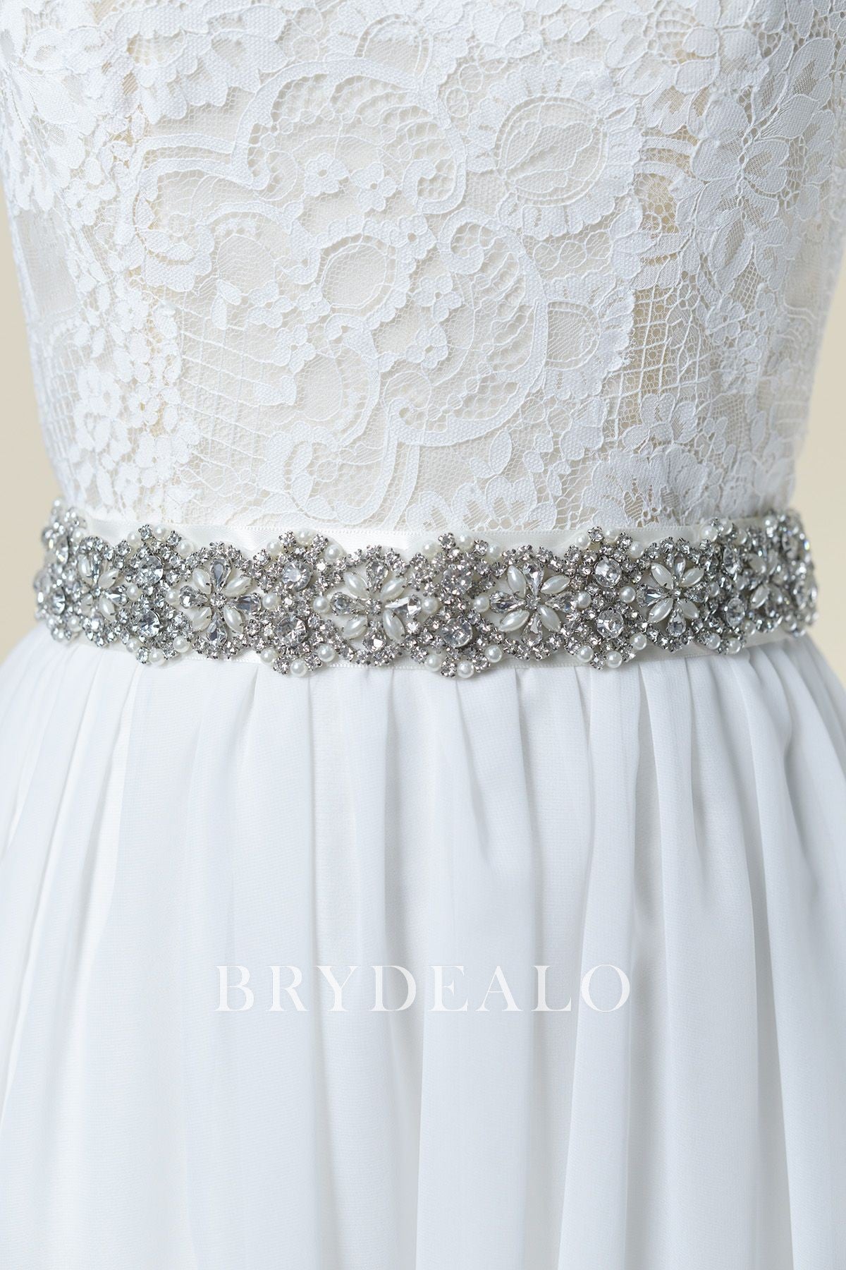 Boho Pearls & Crystal Leaves Hand Wired Floral Vine Bridal Belt on Ivory Ribbon 4663BT-I-S