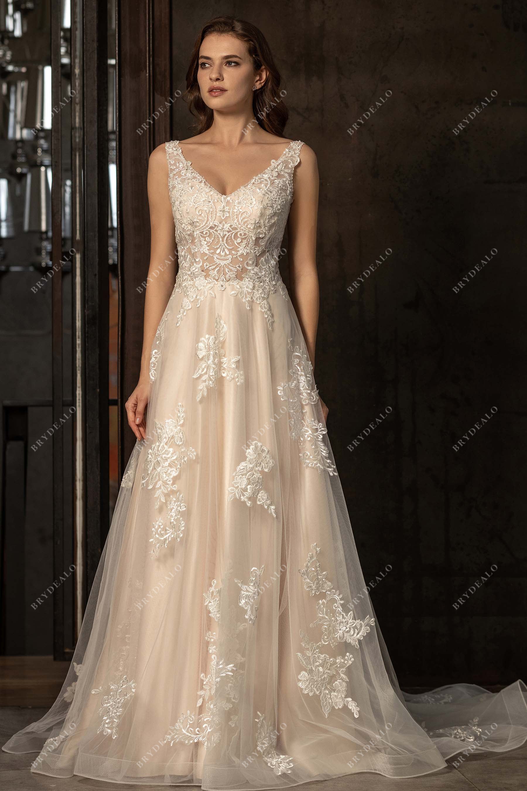 Beaded Strap Plunging Shimmery Lace A-line Wedding Dress