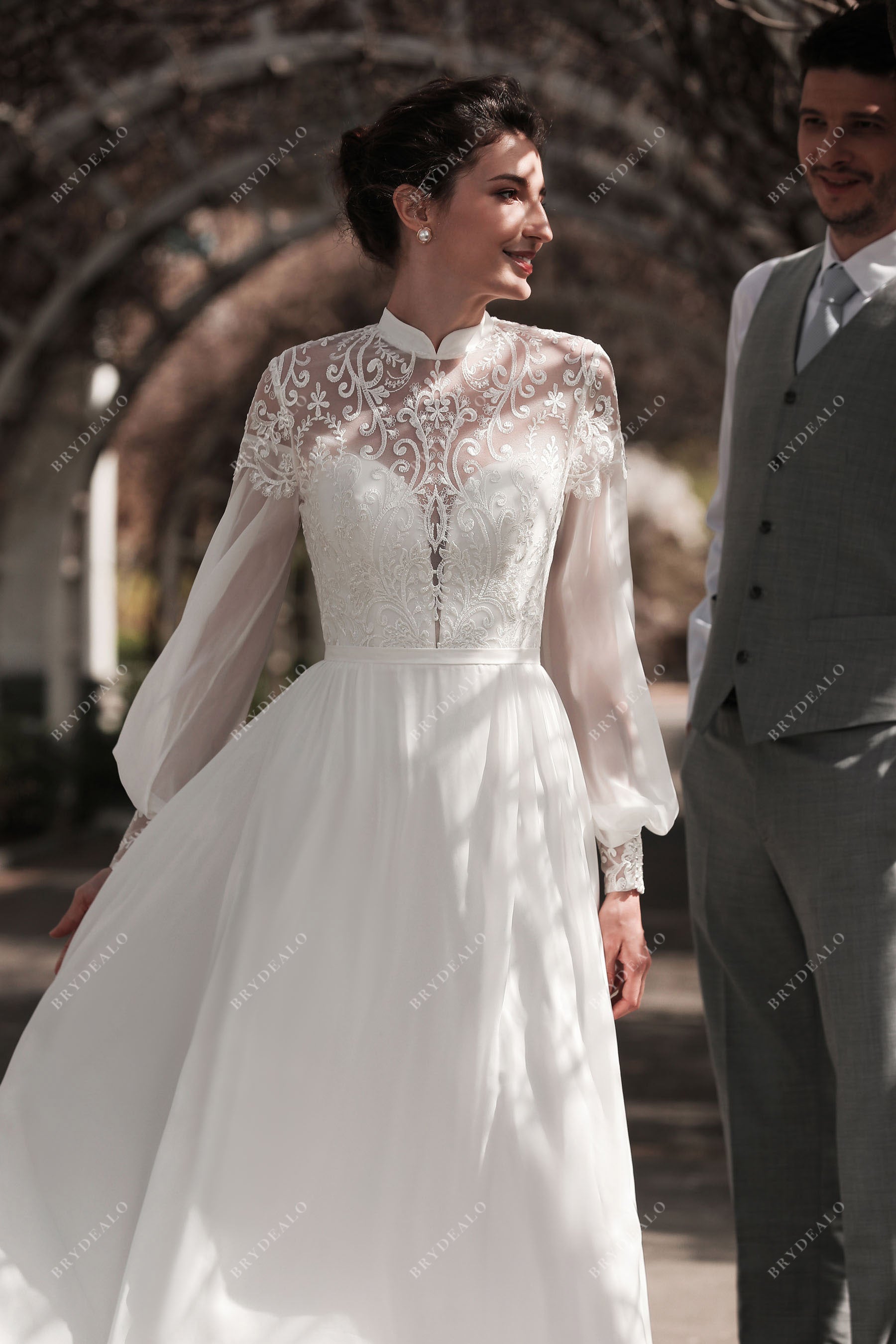 Boho Wedding Dress With Removable Overskirt And Lace Sleeves