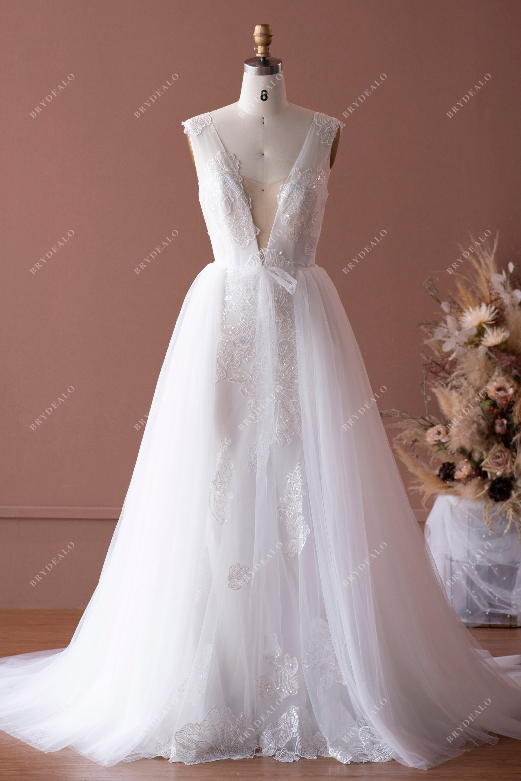 Sheer Illusion Ivory Lace Plunging Neck Tulle Wedding Dress