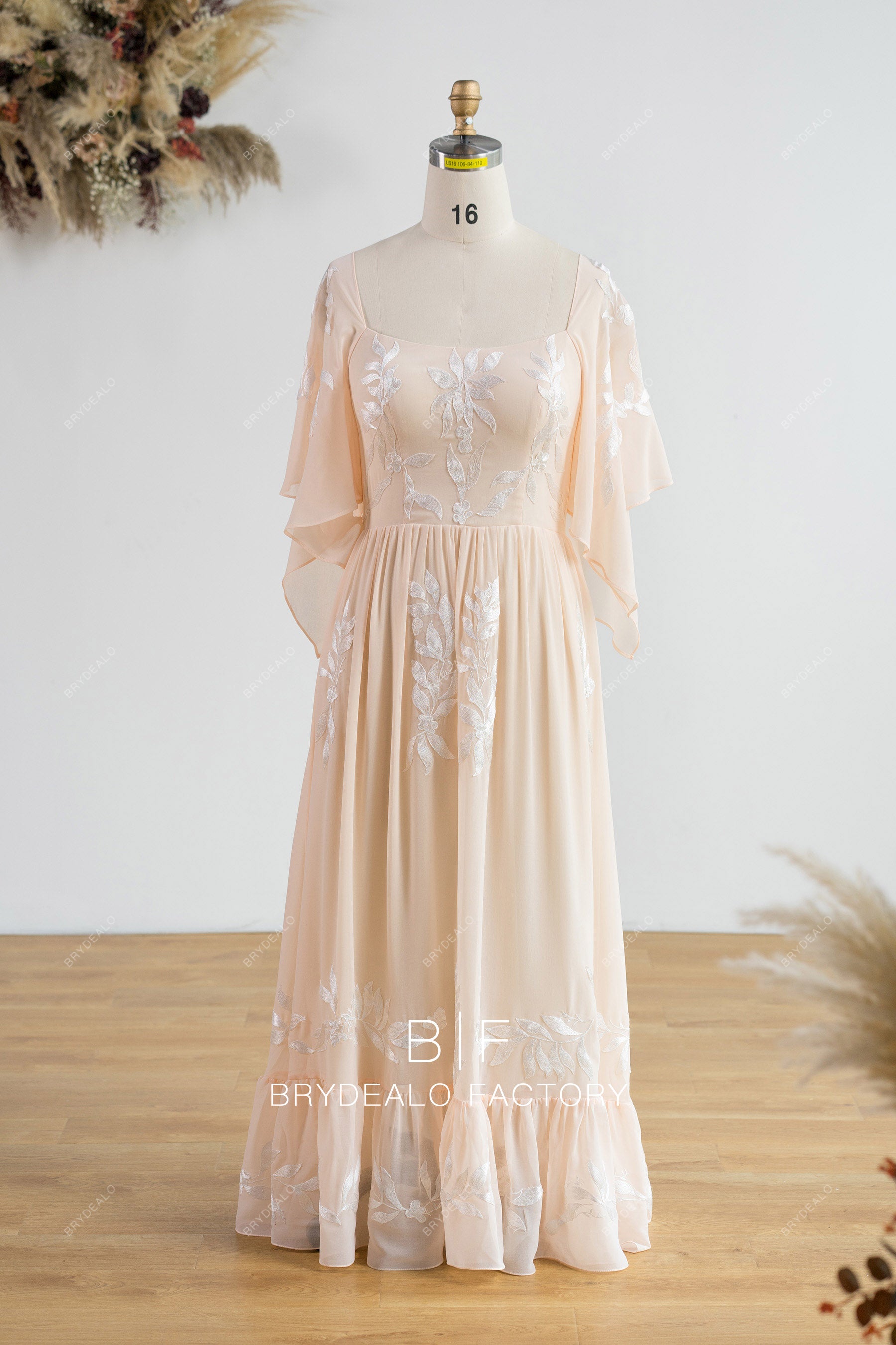 Peach Fairy Ruffled Sleeve Chiffon Plunging Formal Dress