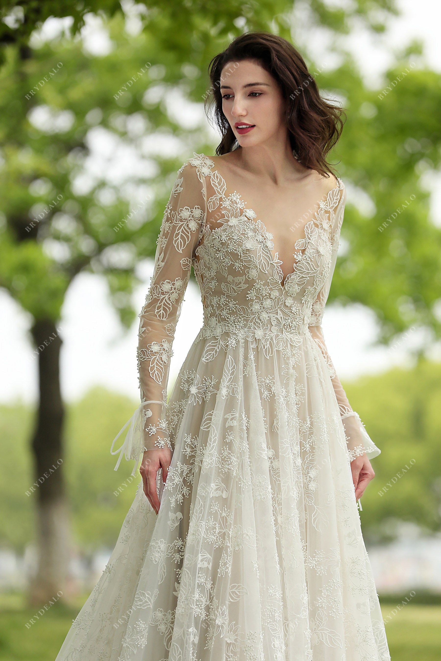 Romantic Floral Lace & Tulle Long Sleeve Wedding Dress - Xdressy