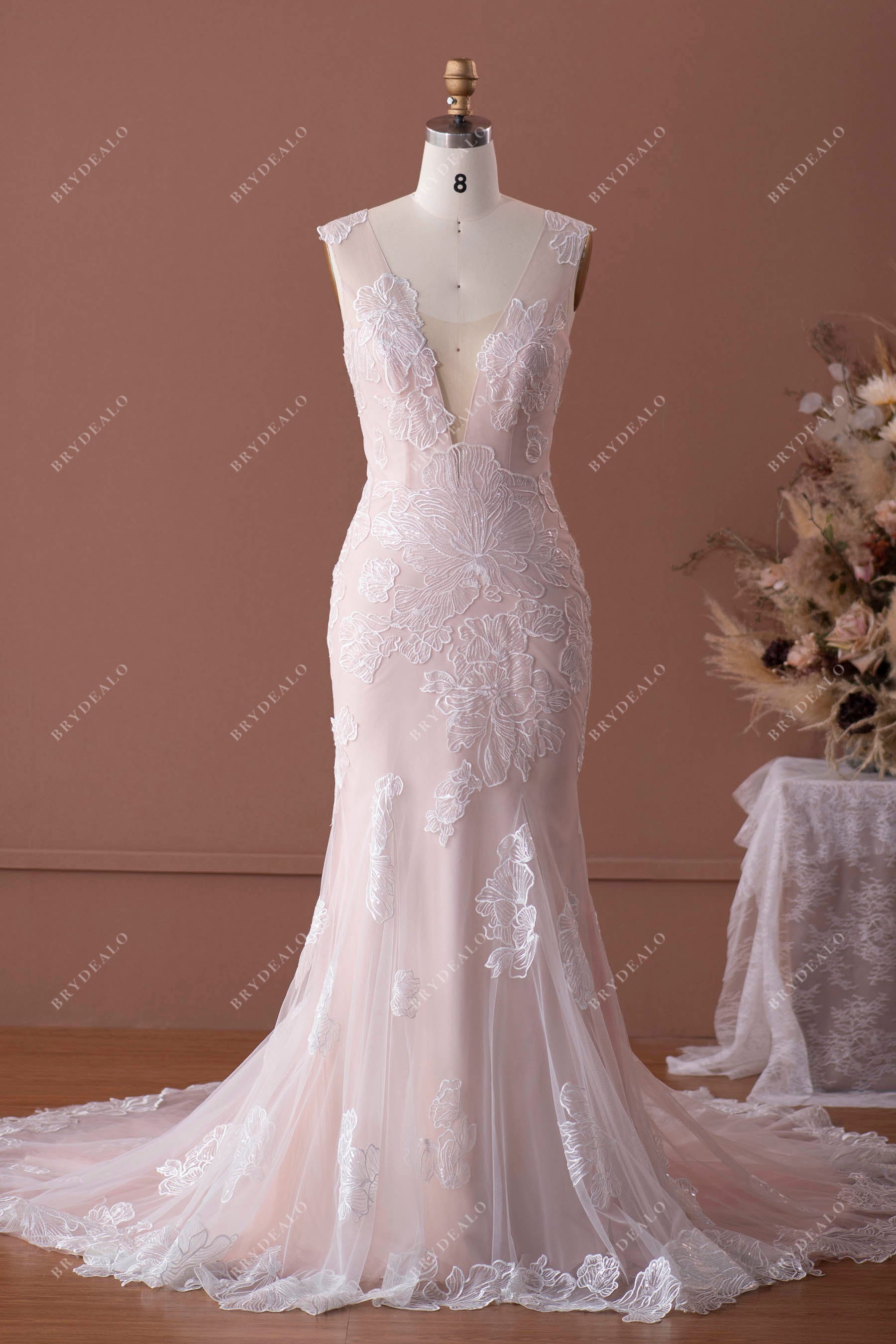 BABYONLINE Light Pink WEdding Dress Illusion Neck Sweetheart Corset Glitter  Crystal Beading Sleeveless Mermiad Gown Bridal