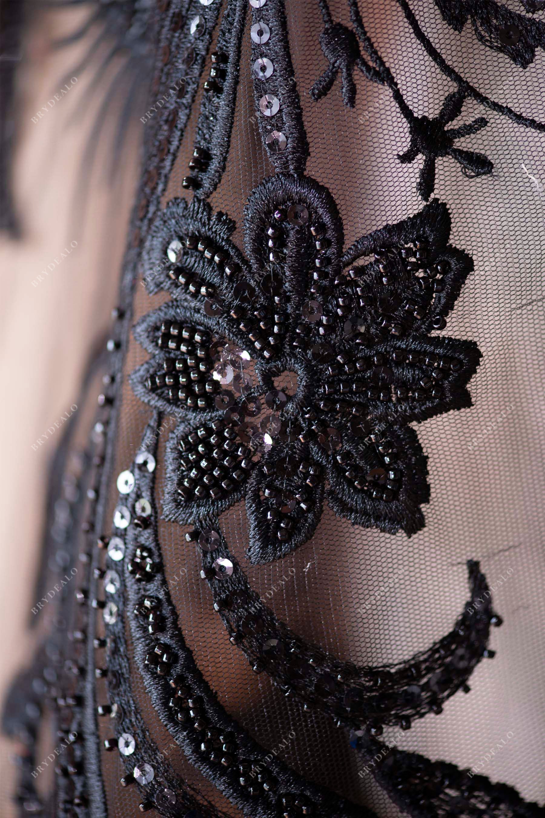 Black Applique lace, Bodice Applique Black Trim Beaded, Black 3D lace  Flower, lace Fabric Black Tulle for Dress BK (C7 Black)