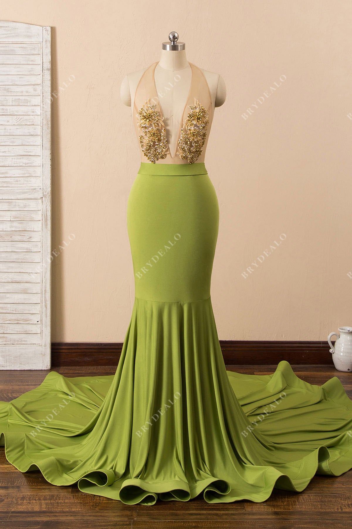 Beaded Illusion Sheer Olive Green Mermaid Prom Dress - Lunss