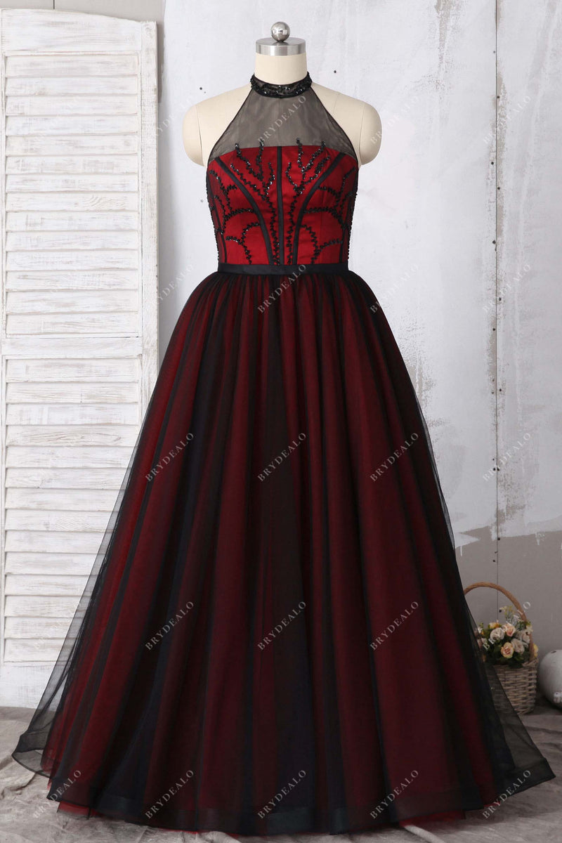 black sequin tulle halter red prom gown