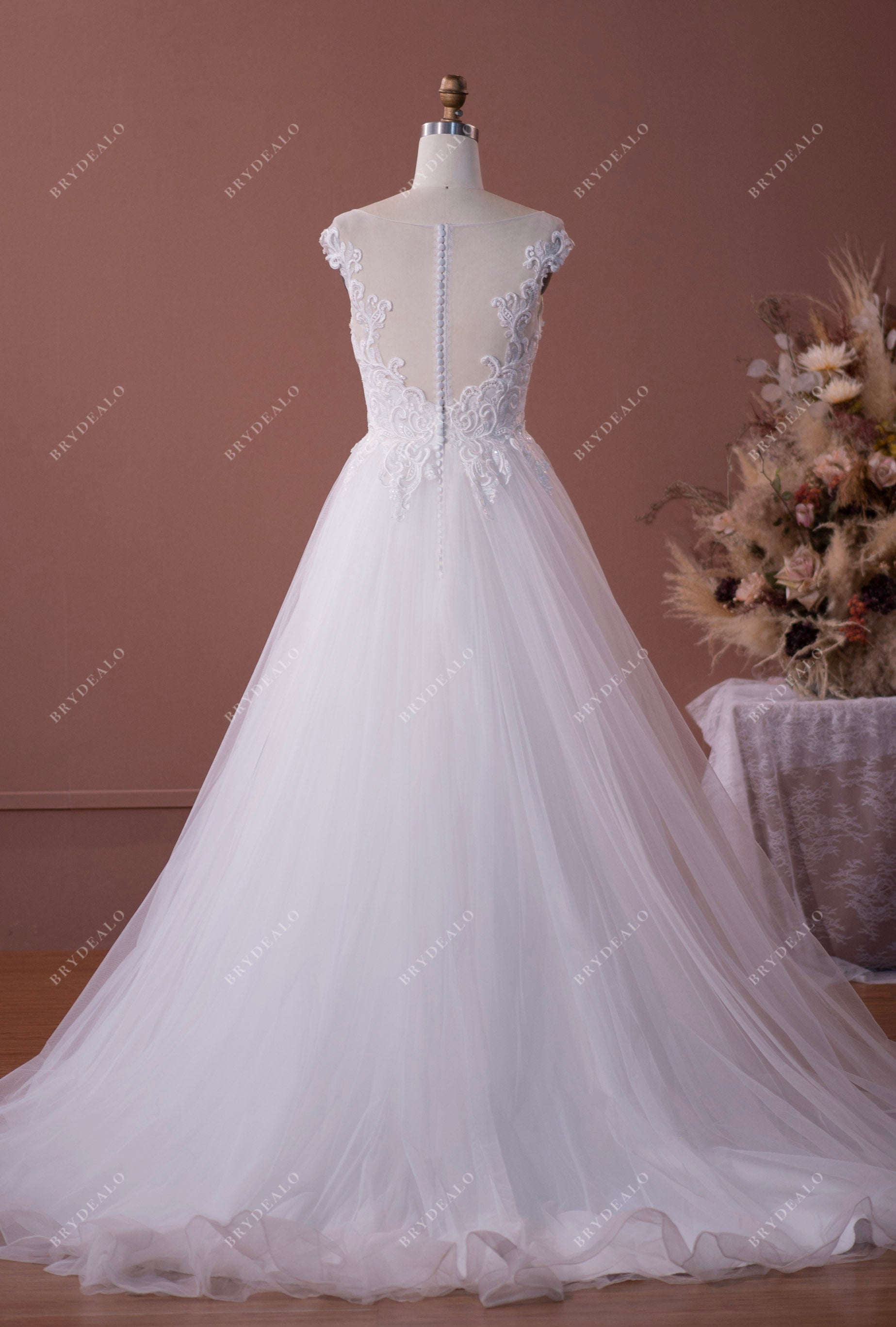 Illusion Neckline Lace Cap Sleeves Bridal Dresses with Tiered Skirt –  loveangeldress