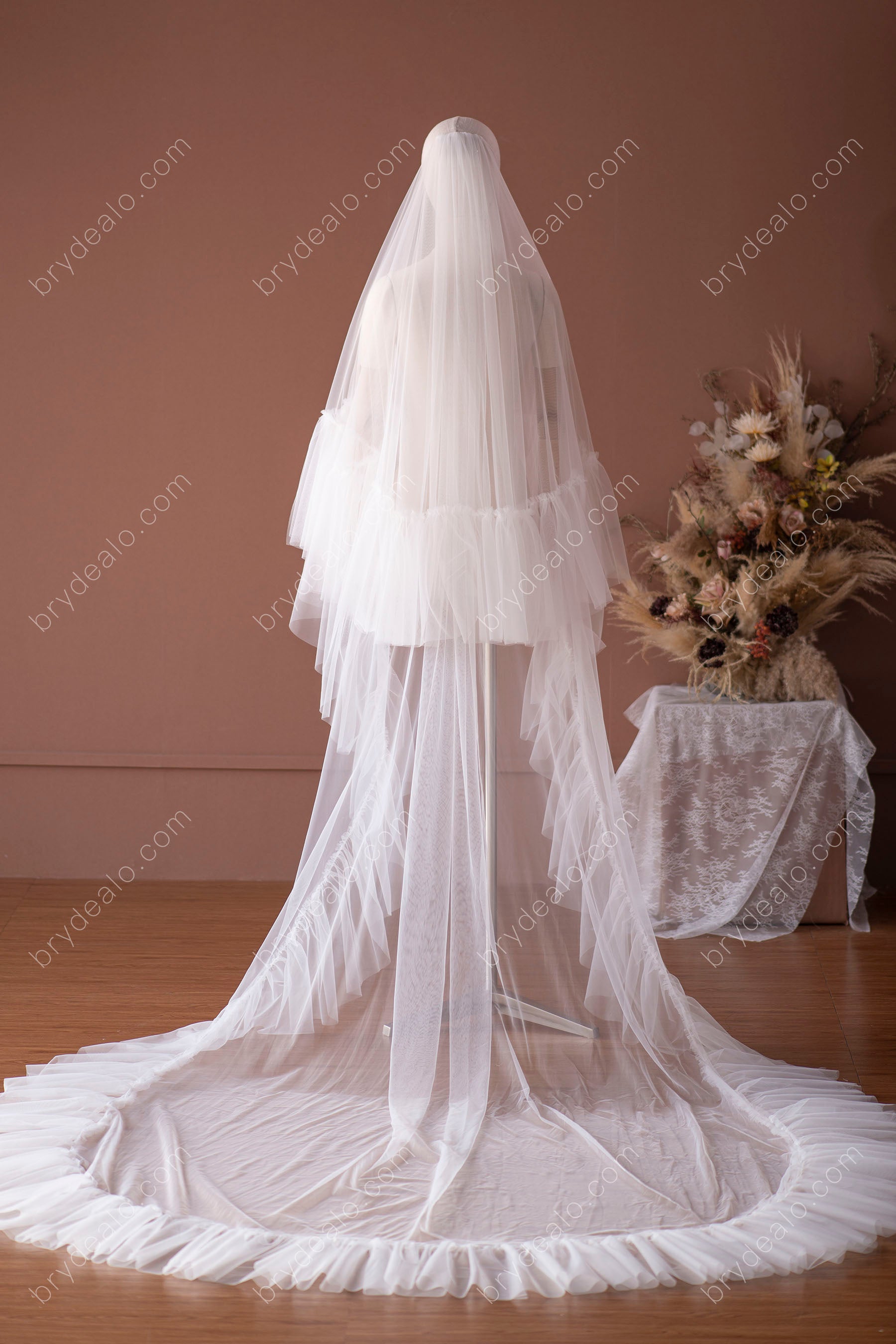 1T Tulle With Flower Cathedral Length Wedding Bridal Veil VV02 – selinadress