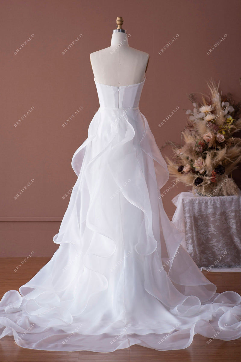 strapless crepe mermaid wedding dress with ruffled organza overskirt