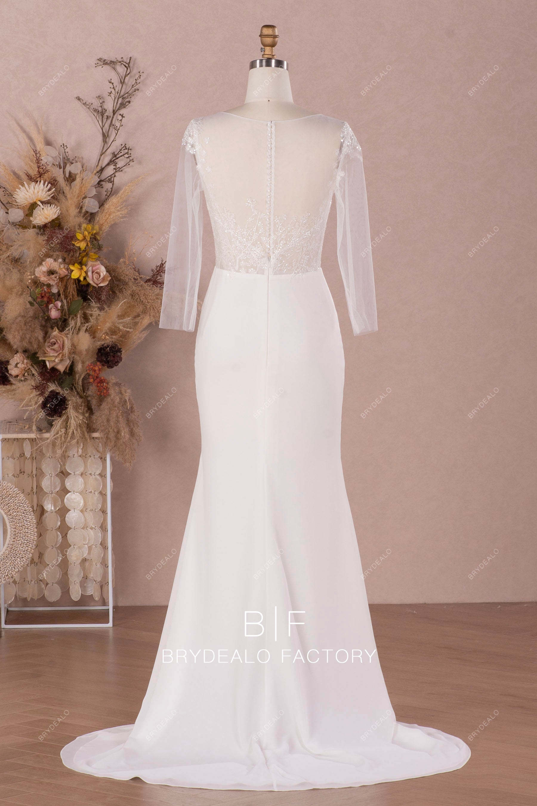 Crepe Cap Sleeve Long Bridal Dress With Lace Overskirt