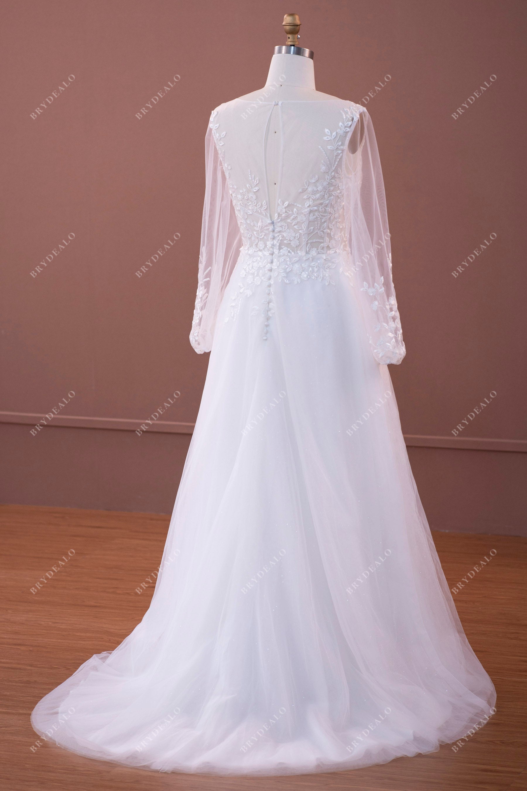 Illusion Sleeved Beaded Lace A-line Wedding Dress