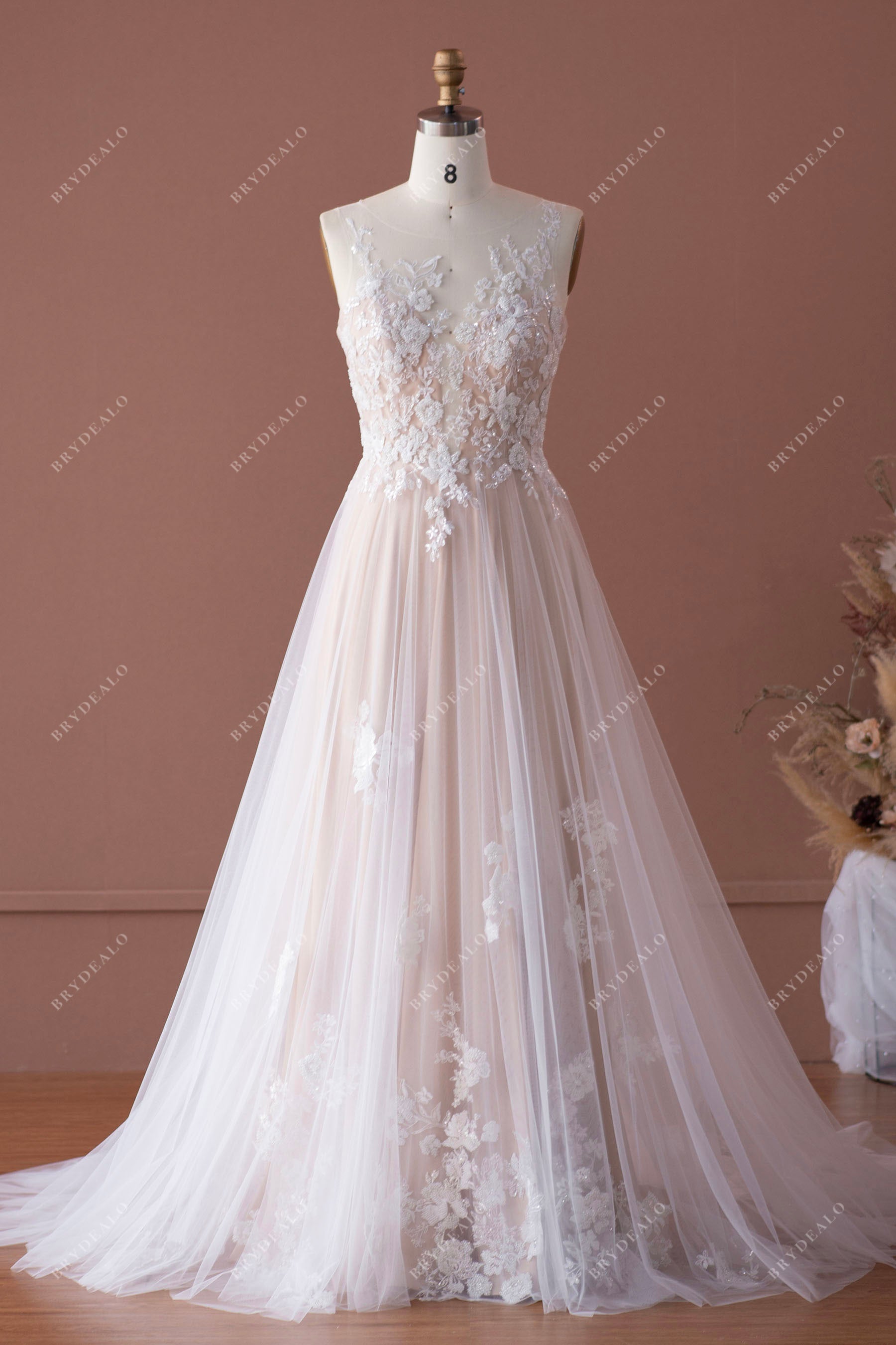 Soft Ivory Net Beaded Deep V Illusion A-Line Wedding Gown Graceful Lace  Wedding Dress AWD1670