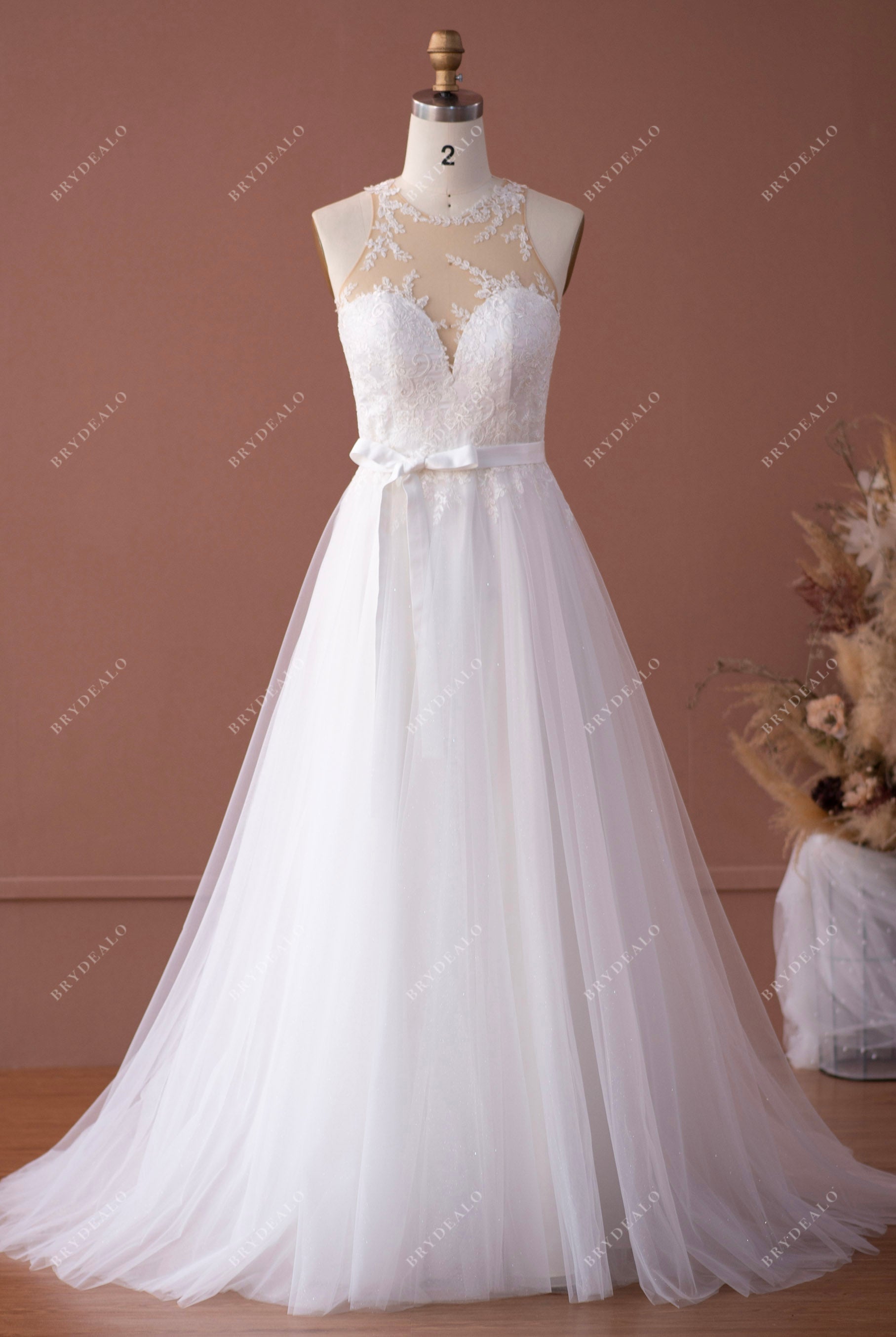 A Line Illusion Neck Beaded Bodice Wedding Dress (01160107) - eDressit