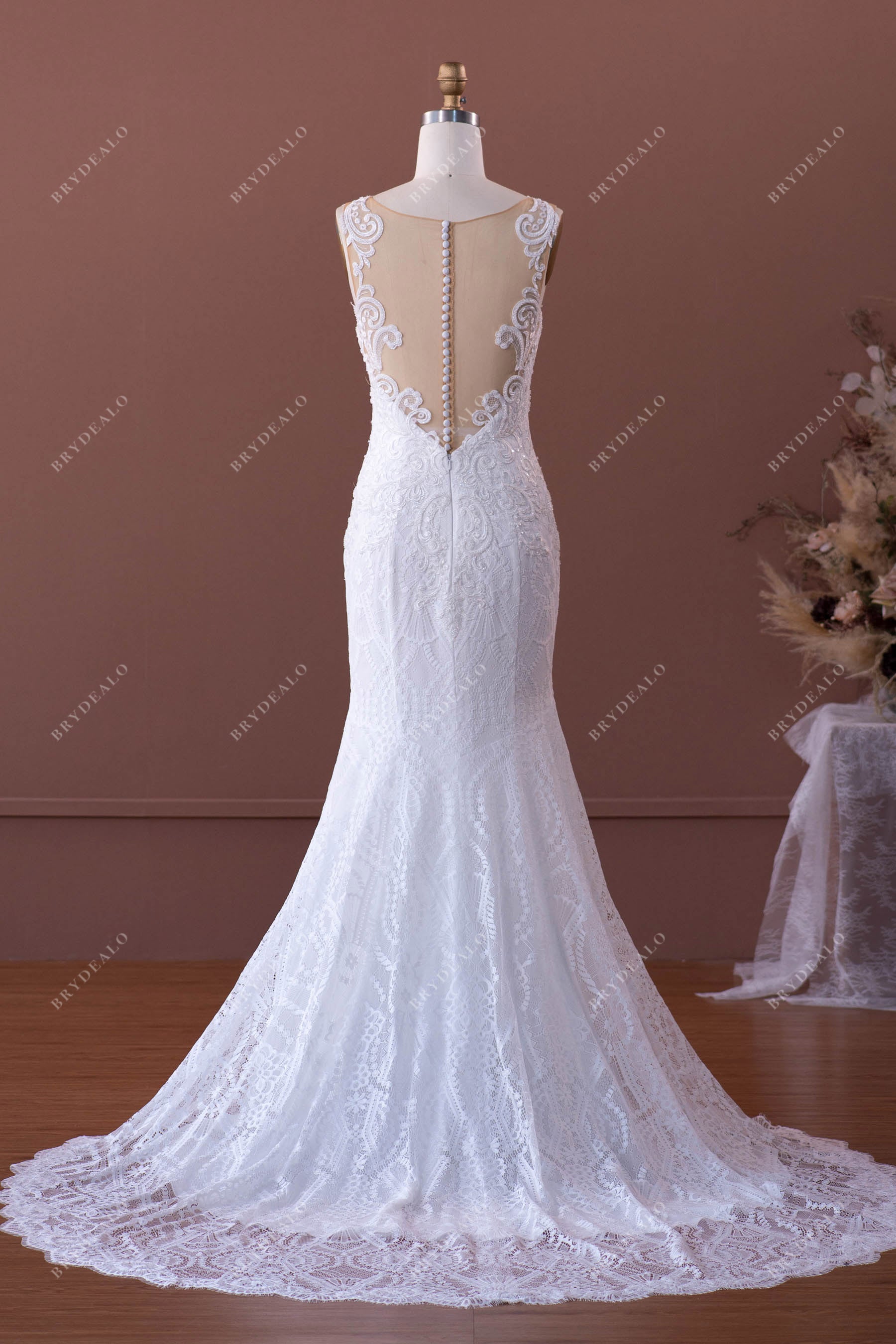 Illusion neck White Lace Sleeveless Mermaid Wedding Dress – Ballbella