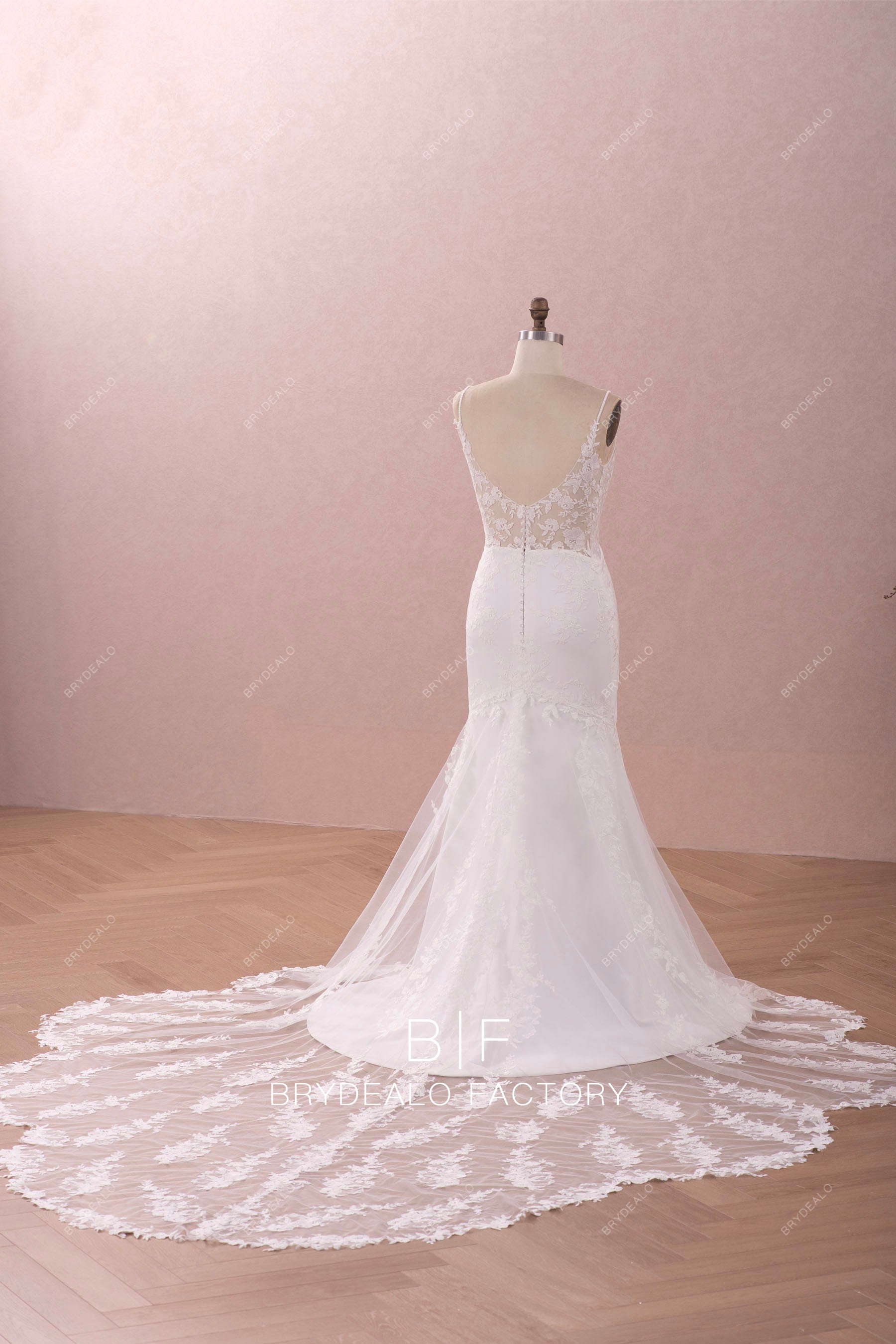 Elegant Crepe Lace Sleeved Mermaid Bridal Gown
