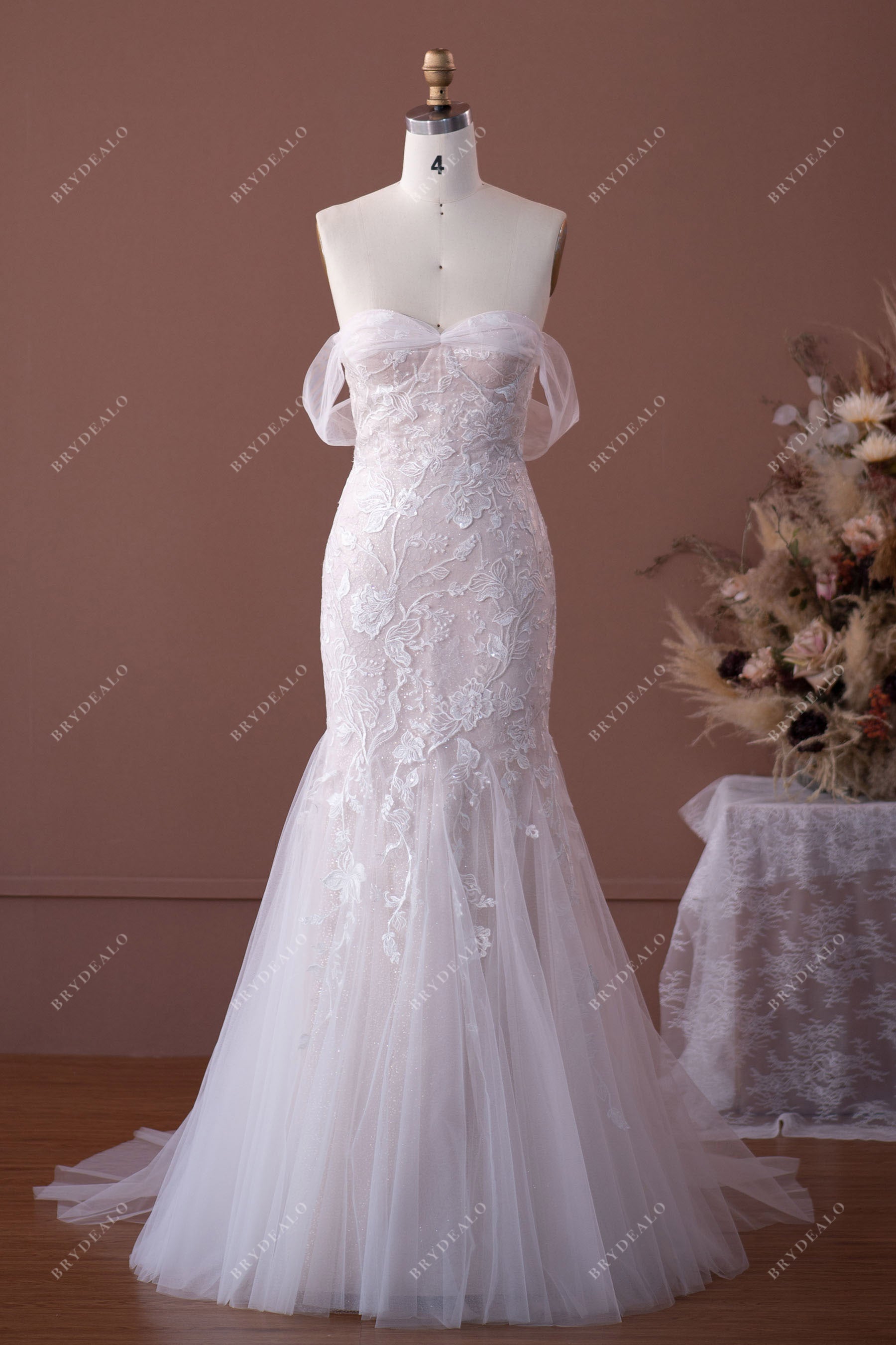 Mermaid Wedding Dress with Detachable Overskirt Beaded Lace Corset Bridal  Gowns